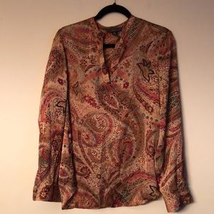 Lauren Ralph Lauren gold paisley long sleeve v-neck blouse size M